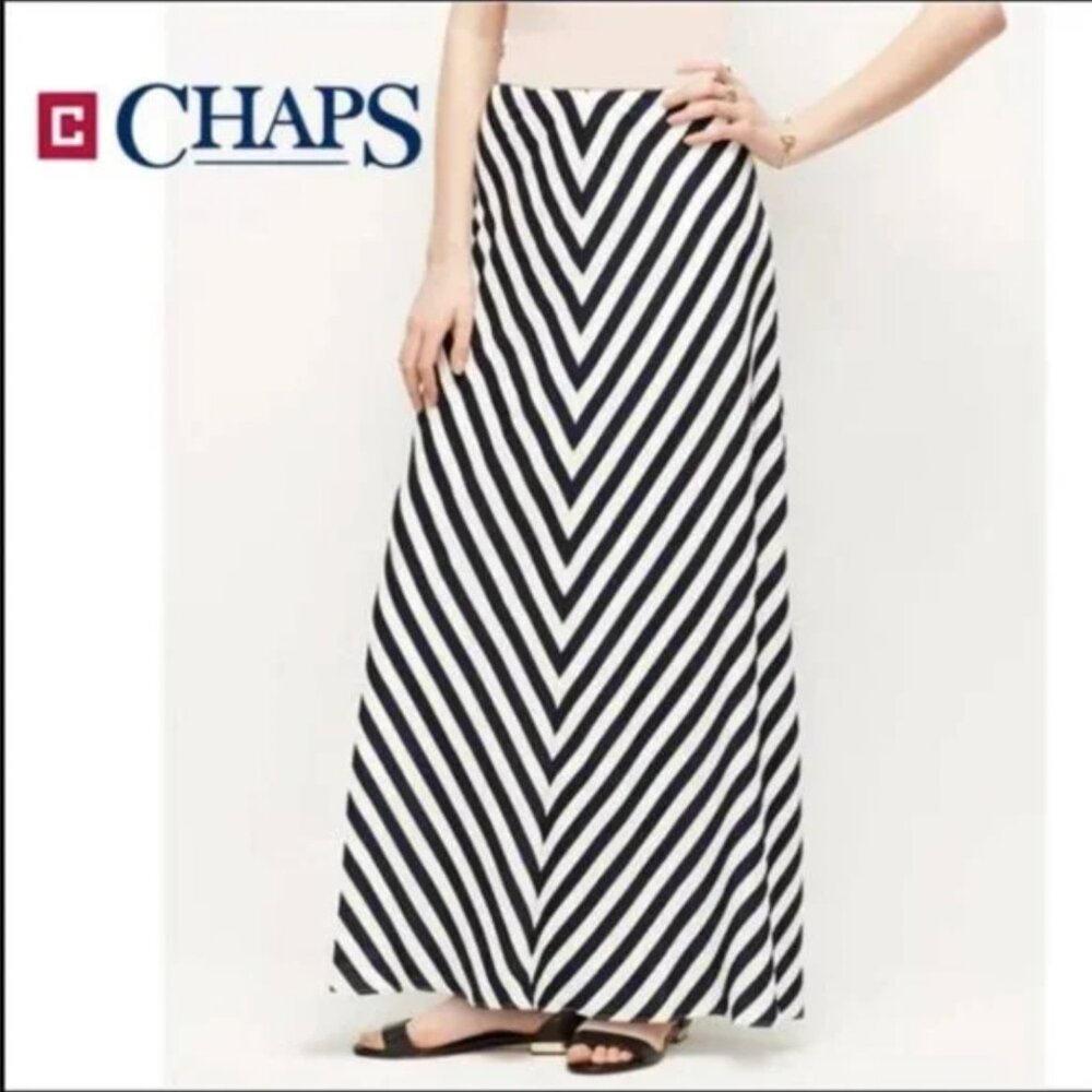Navy Blue and White Chevron Stripes A-line Maxi Skirt